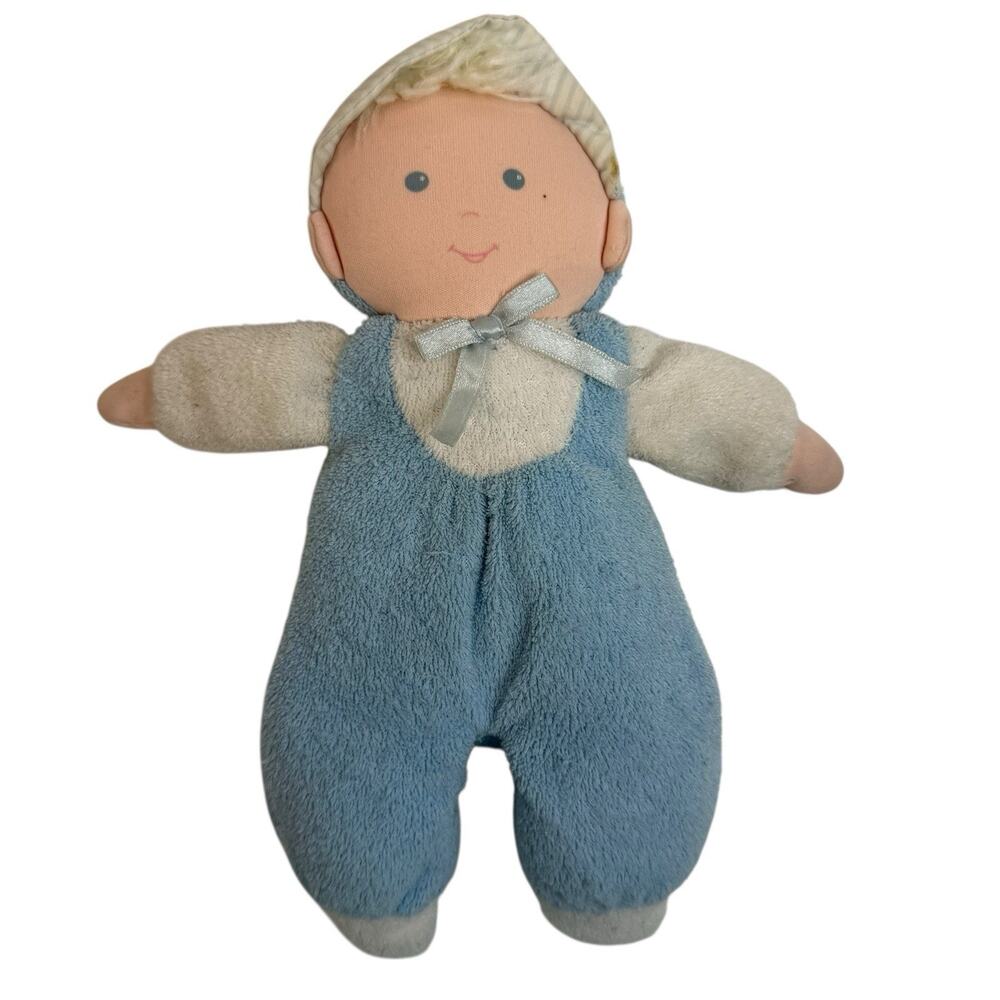 Vintage Eden Blue Terrycloth Boy Doll‎ Plush Overalls Stripe Bonnet 10" Blond